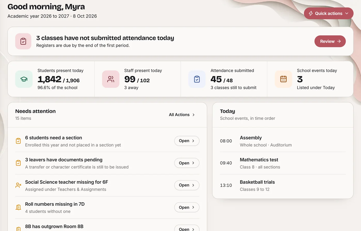The Emerge principal home screen, assembled from attendance, timetable, rooms, exams and more